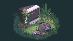 animated artist_name crt flower game_console gamecube gamecube_controller grass green_background green_theme looping_animation nintendo outdoors pixel_art pixel_jess red_flower signature sound static still_life television video video yellow_flower