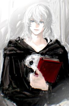 Rule 34 | 1boy, bishounen, black robe, blue eyes, book, commentary request, doranatsu (plant ffxiv), final fantasy, final fantasy xiv, highres, holding, holding book, male focus, mask, mask around neck, medium hair, robe, smile, solo, sophist's robe (ff14), themis (ff14), unworn mask, upper body, white hair