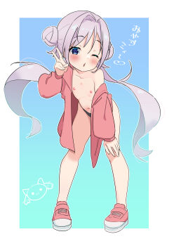 1girl absurdres arm_up black_panties blue_eyes blush breasts commentary_request double_bun hair_bun hair_intakes hand_on_own_knee highres leaning_forward loli long_hair looking_at_viewer magia_record:_mahou_shoujo_madoka_magica_gaiden mahou_shoujo_madoka_magica navel nipples no_pants off_shoulder one_eye_closed open_clothes open_mouth open_shirt panties pink_shirt pink_shoes purple_hair shirt shoes small_breasts solo standing thighs twintails underwear v yakumo_mikage yappariga