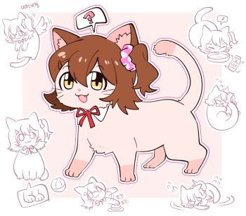 :3 ? animal animal_ear_fluff animal_focus animalization border brown_cat brown_eyes brown_hair cat commentary_request fang full_body hair_ornament hairclip idolmaster idolmaster_million_live! kasuga_mirai korean_commentary korean_text looking_at_viewer milk millcookie_pro multiple_views no_humans one_side_up open_mouth pink_background pink_scrunchie pressing_button scrunchie short_hair simple_background smile spoken_question_mark whiskers white_border zzz