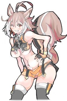 1girl animal_ears blazblue breasts brown_hair crop_top enpe fingerless_gloves gloves hand_on_own_hip highres large_breasts makoto_nanaya microskirt midriff one_eye_closed short_hair skirt squirrel_ears squirrel_girl squirrel_tail tail teeth underboob wide_hips wink