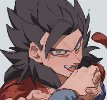 Rule 34 | 1boy, 1girl, black hair, blue sleeves, dragon ball, dragon ball gt, dragon ball heroes, eyeliner, holding hands, husband and wife, looking at viewer, makeup, male focus, medium hair, monkey boy, muscular, muscular male, natume12izr, open mouth, red eyeliner, red fur, ringed eyes, single bang, solo focus, son gohan, son gohan (xeno), spiked hair, super saiyan, super saiyan 4, upper body, videl, yellow eyes