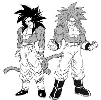 Rule 34 | black hair, blue sash, body fur, commentary request, dougi, dragon ball, dragon ball daima, dragon ball gt, kouji08250, long hair, looking at viewer, male focus, monkey boy, monkey tail, multiple boys, muscular, muscular male, no nipples, pants, pectorals, red fur, red hair, saiyan, sash, son goku, spiked hair, super saiyan, super saiyan 4, tail, yellow pants