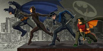 1girl 3boys armor batman batman:_arkham batman:_arkham_asylum batman_(series) belt bodysuit bruce_wayne cape catwoman city dc_comics dick_grayson domino_mask escrima_stick eye_mask hood mask multiple_boys night nightwing robin_(dc) selina_kyle staff tim_drake whip