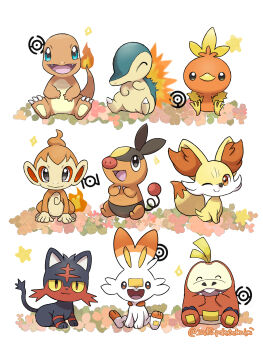 :d animal_ear_fluff animal_focus baby_animal bird blue_eyes cat charmander chick chimchar claws colored_sclera commentary_request cyndaquil fangs fennekin fiery_tail fire fox fuecoco gen_1_pokemon gen_2_pokemon gen_3_pokemon gen_4_pokemon gen_5_pokemon gen_6_pokemon gen_7_pokemon gen_8_pokemon highres litten monkey nintendo no_humans one_eye_closed open_mouth orange_eyes pokemon pokemon_(creature) rabbit red_eyes saki_pokeoekaki scorbunny sitting smile snout star_(symbol) tail tepig torchic unown unown_h unown_n unown_o white_background yellow_sclera