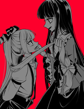 2girls bow bowtie collared_shirt commentary_request eye_contact frilled_shirt_collar frilled_skirt frills fujiwara_no_mokou greyscale_with_colored_background hair_bow hand_on_another&#039;s_face highres holding_another&#039;s_hair houraisan_kaguya long_hair long_sleeves looking_at_another multiple_girls open_mouth red_background shirt simple_background skirt smile suspenders tamiko_(tamik0224) touhou very_long_hair wide_sleeves