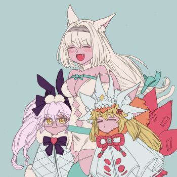 3girls aged_down animal_ear_fluff black_ribbon blonde_hair blue_background blue_eyes breasts cleavage closed_eyes commentary_request dobrynya_nikitich_(fate) extra_ears eyelashes fang fate/grand_order fate_(series) happy koyanskaya_(assassin)_(second_ascension)_(fate) koyanskaya_(fate) koyanskaya_(lostbelt_beast:iv)_(fate) large_breasts long_hair multiple_girls pursed_lips rectangular_eyewear ribbon simple_background tnaym twintails yellow_eyes