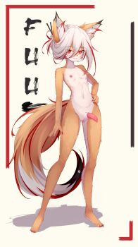 1girl animal_ear_fluff animal_ears animal_nose animal_penis body_fur breasts character_name commentary completely_nude english_commentary facial_mark full_body furry furry_female futanari hair_between_eyes hair_bun hair_ornament hair_stick hand_on_own_hip highres midriff multicolored_hair navel nipples nude orange_fur original penis red_eyes red_nails red_streaks sharp_teeth simple_background small_breasts solo standing streaked_hair tail teeth trimbil whisker_markings white_background white_fur white_hair