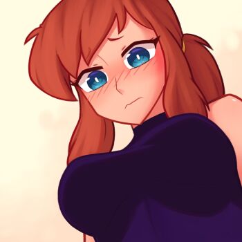 1girl a_hat_in_time aged_up alternate_costume blue_eyes blush breasts bright_pupils brown_hair closed_mouth commentary embarrassed english_commentary hat_kid highres large_breasts looking_at_viewer ponytail short_hair short_ponytail sidelocks solo white_pupils xyronii