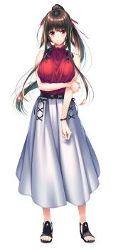 1girl amakano_2 arm_under_breasts bare_arms bare_shoulders black_shoes blush bracelet breasts brown_hair closed_mouth full_body grey_skirt high_ponytail jewelry kurohime_yuuhi large_breasts large_variant_set long_hair long_skirt looking_at_viewer official_art piromizu ponytail red_eyes red_shirt shirt shoes simple_background skirt sleeveless sleeveless_shirt smile solo standing tachi-e variant_set white_background