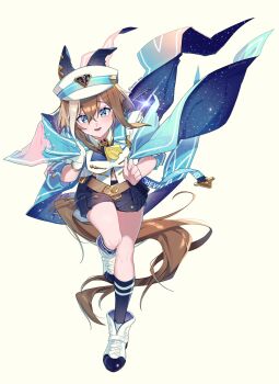 Rule 34 | 1girl, animal ears, blue eyes, blush, breasts, brown hair, cheval grand (grand itineraire) (umamusume), cheval grand (umamusume), ear covers, ears through headwear, hair between eyes, hat, hat belt, highres, horse ears, horse girl, horse tail, looking at viewer, multicolored hair, open mouth, peaked cap, renma (renma 0503), simple background, smile, solo, streaked hair, tail, umamusume, white background, white hair, white hat