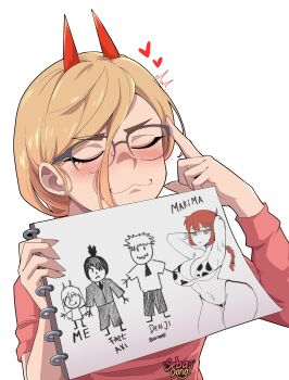 2boys 2girls blonde_hair blush chainsaw_man denji_(chainsaw_man) glasses horns makima_(chainsaw_man) multiple_boys multiple_girls power_(chainsaw_man) red_hair sebasdono