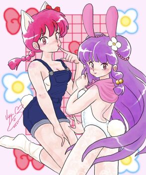 2girls braid china_dress chinese_clothes double_bun dress hair_bun highres long_hair multiple_girls open_mouth purple_hair ranma_1/2 red_eyes red_hair saotome_ranma shampoo_(ranma_1/2) sidelocks single_braid