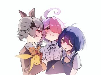 3girls ahoge black_boots blue_eyes blue_hair blue_skirt blue_vest boots bow bronya_zaychik bronya_zaychik_(wolf's_dawn) brown_bow brown_jacket brown_socks closed_eyes closed_mouth drill_hair earrings grey_eyes grey_hair hair_bow hair_over_one_eye highres homu_(honkai_impact) honkai_(series) honkai_gakuen jacket jewelry multiple_girls one_eye_closed pink_hair polka_dot polka_dot_bow purple_hair purple_shorts seele_vollerei seele_vollerei_(azure_memories) seele_vollerei_(swallowtail_phantasm) shirt shorts simple_background sin_mal sin_mal0909 skirt socks thigh_boots thighhighs twin_drills vest white_background white_shirt white_thighhighs yellow_eyes