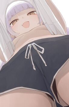1girl :d black_panties black_shorts breasts from_below grey_hair highres hiroki_(yyqw7151) lifting_own_clothes looking_at_viewer open_mouth original panties panties_under_shorts shorts simple_background small_breasts smile solo underwear upshirt white_background