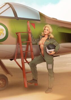 1girl aircraft airplane black_shoes blonde_hair blue_eyes breasts cleavage curly_hair deltamagna fighter_jet fingernails flight_suit full_body hair_slicked_back helmet highres ladder leg_up lips long_hair military_uniform military_vehicle navel nose original outdoors pilot pilot_helmet shadow shoes size_difference smile solo solo_focus unzipped wheel
