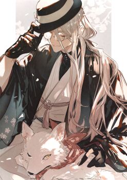 1boy absurdres animal black_gloves black_haori black_hat black_jacket black_shirt border branch closed_eyes closed_mouth clothed_animal commentary_request cowboy_shot dog dress_shirt falling_petals fate/grand_order fate_(series) fedora floral_print flower glasses gloves grey_background hair_between_eyes hanasaka_no_okina_(fate) hand_on_headwear haori haori_himo hat hat_flower highres jacket japanese_clothes kimono long_hair long_hair_between_eyes long_sidelocks low_ponytail male_focus mole mole_under_eye multiple_moles nasubi_illust opaque_glasses outside_border partially_opaque_glasses petals petting pillarboxed ponytail round_eyewear shirt shirt_under_kimono sidelocks single_sidelock sitting smile solo tassel white_border white_dog white_kimono wide_sleeves