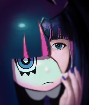 1girl absurdres blastoisenn blue_eyes blue_hair blunt_bangs blurry blurry_foreground colored_inner_hair cracked_kawaii_mask eyelashes frown hand_up highres long_hair looking_at_viewer multicolored_hair panty_&amp;_stocking_with_garterbelt pink_hair portrait solo stocking_(psg) two-tone_hair