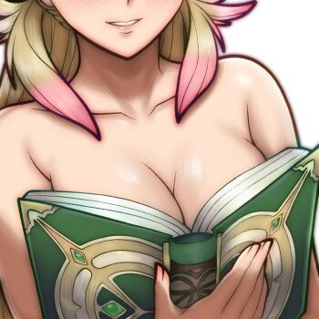 1girl blonde_hair blush boobs_in_book_(meme) book breast_focus breasts cleavage collarbone commentary covering_breasts covering_privates english_commentary fingernails fire_emblem fire_emblem_heroes grin holding holding_book large_breasts lips long_hair meme multicolored_hair nintendo nude open_book parted_lips pink_hair pink_lips rotomdocs sharena_(fire_emblem) smile solo two-tone_hair