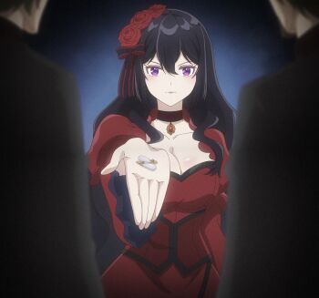 Rule 34 | anime screenshot, black hair, breasts, cleavage, eris no seihai, large breasts, long hair, purple eyes, scarlet castiel, stitched, third-party edit