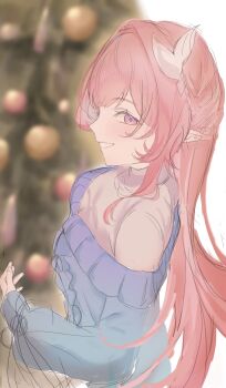 Rule 34 | 0910 2222, 1girl, alternate costume, blue sweater, blurry, blurry background, breasts, christmas tree, commentary request, cyrene (honkai: star rail), cyrene (ripples of past reverie) (honkai: star rail), diamond-shaped pupils, diamond (shape), from side, highres, honkai: star rail, honkai (series), large breasts, long hair, looking at viewer, pink hair, pointy ears, purple eyes, smile, solo, sweater, symbol-shaped pupils, very long hair