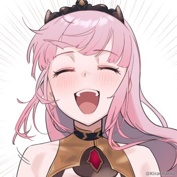 1girl black_tiara closed_eyes commentary emphasis_lines english_commentary hololive hololive_english kirachamo long_hair mori_calliope mori_calliope_(1st_costume) open_mouth pink_hair solo teeth tiara twitter_username upper_teeth_only virtual_youtuber white_background