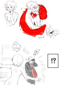 !? 1boy 1girl absurdres armpit_crease ass bare_shoulders black_coat black_gloves black_pants black_sleeves blush breast_press breasts coat collarbone collared_shirt commentary completely_nude couple covering_own_eyes covering_own_mouth don_quixote_(project_moon) dress_shirt english_text fingernails fur_shawl gloves half-closed_eyes hand_over_own_mouth hand_up hetero highres limbus_company long_sleeves looking_at_viewer looking_down median_furrow medium_breasts necktie no_nipples notice_lines nude nugii open_clothes open_coat open_hand pants parted_lips partially_colored pectorals project_moon red_coat red_eyes red_necktie red_shawl sancho_(project_moon) shawl shirt short_hair shoulder_blades sinclair_(project_moon) speech_bubble symbol-only_commentary topless_female topless_male tsurime turning_head two-sided_coat two-sided_fabric undershirt white_shirt wing_collar