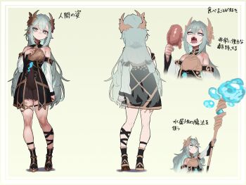 Rule 34 | 1girl, absurdres, blue hair, boned meat, breasts, commission, dress, ekrea jan, fangs, food, grey eyes, highres, hungry, hydrokinesis, long hair, meat, multiple views, navel, open mouth, original, second-party source, see-through clothes, see-through dress, small breasts, staff, tamahime (ac8231), tongue, tongue out, translation request, water