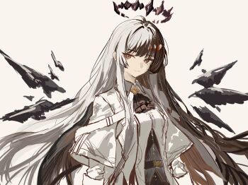 1girl ampatit arknights ascot brown_ascot brown_eyes brown_hair brown_halo chinese_commentary closed_mouth collared_shirt commentary_request dark_halo detached_wings floating_hair grey_background grey_shirt halo highres light_smile long_hair long_sleeves looking_at_viewer shirt simple_background sketch solo upper_body very_long_hair virtuosa_(arknights) wings