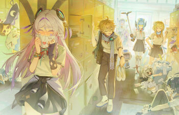 Rule 34 | 3boys, 6+girls, absurdres, aether (genshin impact), aino (genshin impact), ajaw (genshin impact), alternate costume, black gloves, black skirt, blonde hair, blush, bracelet, braid, citlali (genshin impact), closed eyes, closed mouth, clothes around waist, clothing cutout, dl (dl 6ix), facial mark, fingerless gloves, genshin impact, glove cutout, gloves, highres, holding, holding letter, ineffa (genshin impact), jewelry, kinich (genshin impact), letter, long hair, love letter, lumine (genshin impact), multiple boys, multiple girls, noelle (genshin impact), ororon (genshin impact), paimon (genshin impact), pink hair, school uniform, shirt, short sleeves, single glove, skirt, smile, triangle, triangle facial mark, twin braids, white shirt