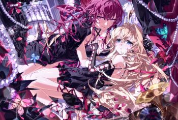 2girls ahoge armpit_crease artist_self-insert back bare_back bare_legs bare_shoulders bed black_coat black_dress black_gloves black_ribbon blonde_hair blue_eyes blurry blurry_background breasts bug butterfly cleavage closed_mouth clothing_cutout coat coat_on_shoulders collarbone commission couple cup dress drinking_glass earrings elbow_gloves falling_petals fingerless_gloves frilled_dress frills from_above from_side glint glove_cutout gloves glowing glowing_butterfly hair_between_eyes hair_flowing_over hair_intakes hair_ribbon hand_up high_heels highres holding holding_cup honkai:_star_rail honkai_(series) huge_ahoge indoors insect jewelry kafka_(honkai:_star_rail) large_breasts light_blush light_smile long_hair looking_at_viewer looking_down looking_to_the_side low_ponytail lying m1z1xk multicolored_background multiple_girls oc_x_canon on_bed on_side on_stomach original parted_lips petals pink_lips ponytail purple_eyes purple_hair red_ribbon ribbon second-party_source string_of_pearls thighs wavy_hair yuri