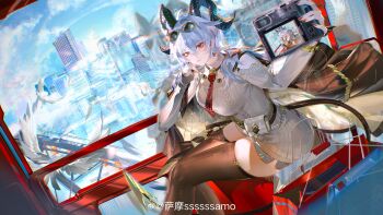 absurdres ahoge black_horns black_jacket black_thighhighs blue_sky breasts camera clothing_cutout curled_horns day dress dutch_angle eyewear_on_head fingernails grey_dress grey_hair hair_between_eyes highres holding holding_camera horns jacket jacket_on_shoulders large_breasts long_hair looking_at_viewer looking_to_the_side multicolored_hair nail_polish red_eyes red_nails samo_(shichun_samo) selfie shoulder_cutout sitting sky streaked_hair sunglasses sweater sweater_dress thighhighs thighs wuthering_waves zani_(downtown_repose)_(wuthering_waves) zani_(wuthering_waves)