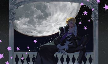 2boys almifiiiii black_pants black_suit blonde_hair claws closed_eyes coat dr._stone formal_clothes full_moon gloves highres huge_moon long_coat long_sleeves male_focus moon multiple_boys necktie night night_sky pants purple_necktie railing scar short_hair sitting sky stanley_snyder_(dr.stone) star_(sky) star_(symbol) starry_sky suit vampire white_gloves white_hair xeno_(dr.stone) yaoi