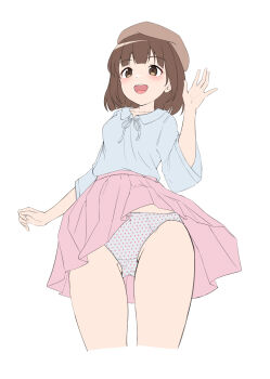 1girl absurdres arm_at_side blue_shirt bob_cut bow bow_panties brown_eyes brown_hair clothes_lift collared_shirt commission cropped_legs crotch_seam flat_color from_below gimhyeo09366967 hand_up hashtag-only_commentary highres open_mouth original panties pantyshot pink_hair pleated_skirt polka_dot polka_dot_panties shirt short_hair simple_background skirt skirt_lift smile solo standing three-quarter_sleeves underwear white_background white_panties wind wind_lift