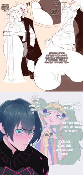 1boy 1girl absurdres ass blood blush breasts bulge bullying buttjob buttjob_over_clothes male_byleth_(fire_emblem) closed_eyes crying crying_with_eyes_open cum cum_in_clothes english_text erection erection_under_clothes fire_emblem fire_emblem:_three_houses hetero highres huge_ass humiliation large_breasts lip_biting mocking nintendo nosebleed nyantcha open_mouth penis rhea_(fire_emblem) sothis_(fire_emblem) sweat tears teasing through_clothes wide_hips