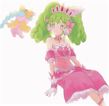 1girl arm_support bare_shoulders bright_pupils colored_eyelashes commentary_request creature curly_hair detached_sleeves dress expressionless falulu fen_zuo gloves green_hair grey_eyes hair_ribbon headphones highres invisible_chair jewelry long_hair looking_at_creature necklace panties pearl_necklace pink_dress pink_ribbon pretty_series pripara puffy_detached_sleeves puffy_short_sleeves puffy_sleeves ribbon ringlets short_sleeves sidelocks sitting solo_focus strapless strapless_dress tiara twintails underwear unicorn_(pripara) white_gloves white_panties white_pupils