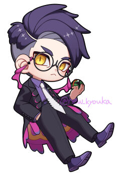 1boy :&lt; absurdres arm_up belt black-framed_eyewear black_belt black_coat black_pants closed_mouth coat collared_shirt commentary_request corbeau_(pokemon) dusk_ball frown full_body glasses hand_in_pocket highres holding holding_poke_ball kyouka._(kyouka) lapels layered_sleeves long_sleeves looking_to_the_side male_focus necktie nintendo open_clothes open_coat pants parted_hair poke_ball pokemon pokemon_legends:_z-a purple_coat purple_hair purple_shirt purple_shoes round_eyewear shirt shoes short_hair sideways_glance simple_background slit_pupils solo twitter_username two-sided_coat two-sided_fabric undercut white_background white_necktie wing_collar yellow_eyes