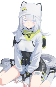1girl absurdres animal_ears arknights arknights:_endfield bandaid bandaid_on_face beanie black_shorts blue_eyes commentary_request estella_(arknights) fingerless_gloves gloves hat highres jiuyu_qame looking_at_viewer shorts shrug_(clothing) simple_background sitting socks solo tail thigh_strap wariza white_background white_hat