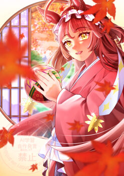 1girl ahoge animal_ears autumn_leaves blunt_bangs blunt_ends blunt_sidelocks blush brown_headdress frilled_hairband frills hair_between_eyes hairband highres holding horse_ears horse_girl japanese_clothes kimono leaf leaf_ornament long_hair long_sleeves open_mouth red_desire_(umamusume) red_hair red_hairband red_headdress red_kimono sarasa_aoi shouji sidelocks sliding_doors smile solo umamusume yellow_eyes