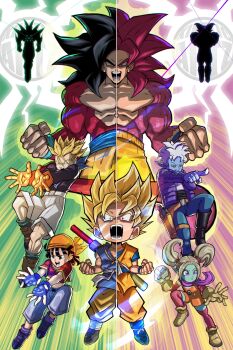 absurdres bandana belt black_hair blonde_hair blue_skin brown_hair colored_skin commentary crossover dragon_ball dragon_ball_daima dragon_ball_gt english_commentary glorio_(dragon_ball) gloves gomah_(dragon_ball) green_background green_skin highres kineticartz long_hair omega_shenron open_mouth pan_(dragon_ball) pansy_(dragon_ball_daima) pointing pointy_ears red_background red_fur red_hair side-by-side silhouette son_goku sparkle sparkling_aura super_saiyan super_saiyan_4 trunks_(dragon_ball) twintails white_hair