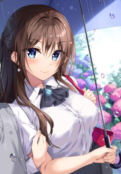 1boy 1girl blue_eyes blue_flower blush boku_no_kanojo_sensei breasts brown_hair closed_mouth collared_shirt commentary earrings flower fujiki_maka hair_between_eyes half_updo holding holding_umbrella hydrangea jewelry large_breasts locked_arms long_hair long_sleeves looking_at_viewer official_art oryo_(oryo04) out_of_frame outdoors purple_flower rain shared_umbrella shirt sidelocks smile solo_focus umbrella very_long_hair water_drop white_shirt wing_collar