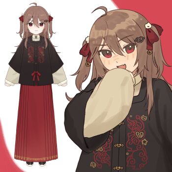 1girl :d adapted_costume ahoge alternate_costume aoqun black_hanfu blush bow broken_heart broken_heart_hair_ornament brown_hair buttons chinese_clothes commentary embroidery english_commentary evil_neuro-sama fang full_body hair_between_eyes hair_ornament hair_ribbon hand_up hanfu heart heart_button highres laughing long_hair long_sleeves looking_at_viewer mandarin_collar ming_dynasty multiple_views neuro-sama nose_blush open_mouth red_background red_bow red_eyes red_hanfu red_ribbon ribbon rikokoooou skin_fang skull_hair_ornament sleeves_past_fingers sleeves_past_wrists smile standing tachi-e two_side_up v-shaped_eyebrows vedal_ai virtual_youtuber white_background