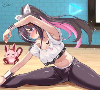 1girl absurdres armpits azki_(hololive) black_hair blush breasts cleavage collarbone colored_inner_hair crop_top hair_ribbon highres hololive hololive_dance_practice_uniform inokeiwd long_hair midriff mole mole_under_eye multicolored_hair navel official_alternate_costume pants pink_hair pioneer_(azki) ponytail purple_eyes ribbon solo streaked_hair stretching very_long_hair virtual_youtuber yoga_pants