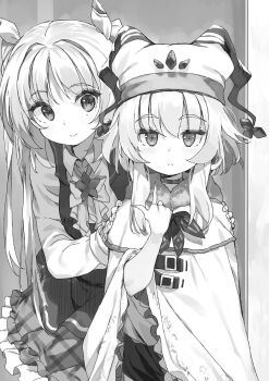 2girls :&lt; belt bow bowtie breasts buta_koushaku charlotte_lily_hughjack choker cloak closed_mouth collared_shirt elbow_gloves fingerless_gloves gloves greyscale hair_between_eyes hair_ribbon hand_up hands_on_another&#039;s_shoulders hat highres index_finger_raised indoors jitome long_hair long_sidelocks long_sleeves looking_at_viewer looking_to_the_side medium_breasts miniskirt monochrome multiple_girls nauribon non-web_source novel_illustration official_art plaid_clothes plaid_skirt pointing pointing_at_self ribbon school_uniform shirt short_hair short_shorts shorts sidelocks skirt smile standing suzu_(buta_koushaku) two_side_up underbust very_long_hair