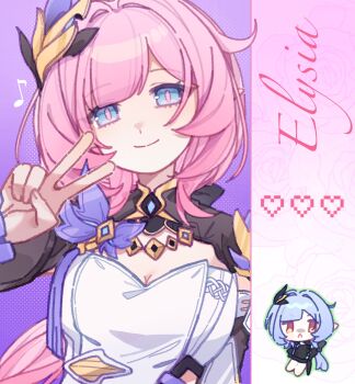 2girls blue_eyes breasts character_name chinese_commentary commentary_request corset elf elysia_(honkai_impact) elysia_(miss_pink_elf)_(honkai_impact) hair_ornament heart herrscher_of_corruption highres honkai_(series) honkai_impact_3rd large_breasts long_hair looking_at_another multiple_girls musical_note pink_hair pointy_ears purple_background shrug_(clothing) solo v very_long_hair white_corset yinanhuahua