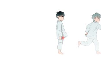 Rule 34 | 2boys, alien stage, barefoot, black eyes, black hair, choker, commentary request, flower, grey hair, highres, holding, holding flower, ivan (alien stage), long sleeves, male focus, multiple boys, naa kamui, pants, red flower, running, shirt, short hair, simple background, thumbnail collage, till (alien stage), very short hair, white background, white choker, white pants, white shirt