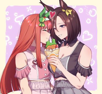2girls air_groove_(umamusume) animal_ears black_shirt black_shorts blue_eyes blunt_bangs blush bow breasts brown_hair cleavage closed_eyes closed_mouth clothing_cutout commentary_request crepe ear_bow ear_chain ear_covers eating food grey_skirt hair_between_eyes hairband heart highres holding holding_crepe holding_food horse_ears horse_girl large_breasts linked_piercing long_hair meni_shuki_rush-sshu! multiple_girls off_shoulder open_mouth orange_hair overskirt piercing pink_shirt pink_skirt shared_food shirt short_hair shorts shoulder_cutout silence_suzuka_(umamusume) skirt smile sugamo_(rainysnowy108) umamusume upper_body white_hairband yellow_bow yuri