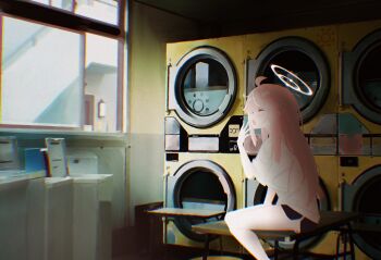 1girl ahoge alternate_costume alternate_hairstyle appl2pi2 black_shorts blue_archive chromatic_aberration closed_eyes commentary desk dolphin_shorts english_commentary film_grain halo hand_to_own_mouth highres indoors laundromat long_hair messy_hair natsu_(blue_archive) on_desk open_mouth pink_hair pink_halo shirt shorts sitting solo washing_machine white_shirt window yawning