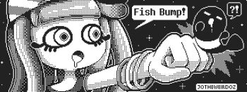 !? 1girl :o artist_name black_background bracelet clownfish commentary drooling english_commentary english_text eyelashes fish greyscale harmony's_clownfish_(splatoon) harmony_(pokemon) harmony_(splatoon) jewelry jotheweirdo monochrome mouth_drool multiple_bracelets nintendo open_mouth outline pixel_art punching simple_background speech_bubble splatoon_(series) spoken_interrobang white_outline