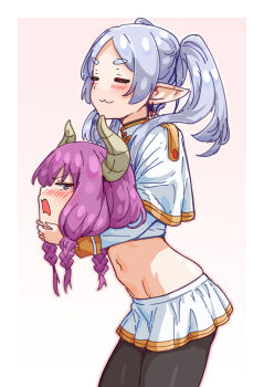 2girls :3 =_= aura_(sousou_no_frieren) bakasp-lilzy black_pantyhose blue_eyes blush border braid capelet closed_mouth commentary cowboy_shot crop_top disembodied_head earrings elf english_commentary frieren gold_trim grey_hair highres holding holding_detached_head horns jewelry long_hair long_sleeves midriff miniskirt multiple_girls navel open_mouth outside_border pantyhose parted_bangs pink_background pink_hair pointy_ears skirt sousou_no_frieren standing twintails white_border white_capelet white_skirt